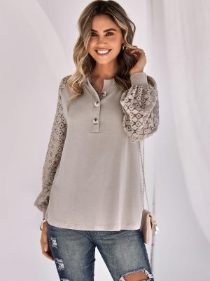 Trendy Long Sleeve Lace Button Pullover