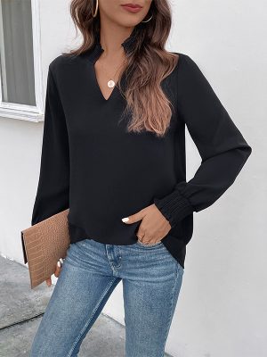 V-Neck Solid Color Long Sleeve Shirt - Women's Spring Style