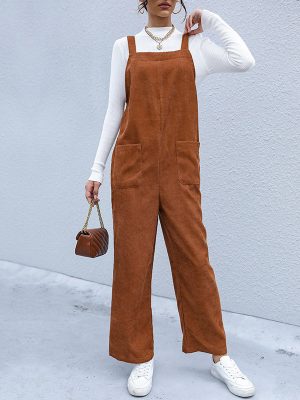 Brown Loose Corduroy Suspender Pants for Autumn Women's Wear