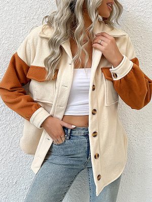 Collared Color Matching Long Sleeve Polar Fleece Jacket for Autumn/Winter