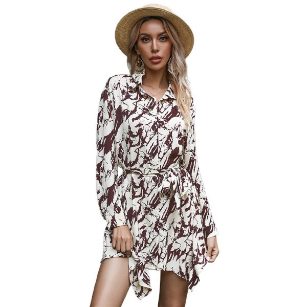 Long Sleeve Irregular Asymmetric Tie-Dye Collared Shirt Dress for Women