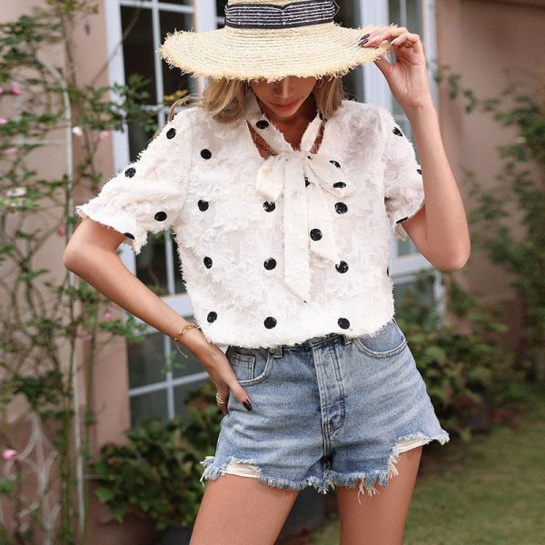 White Polka Dot Chiffon Shirt - Summer Style