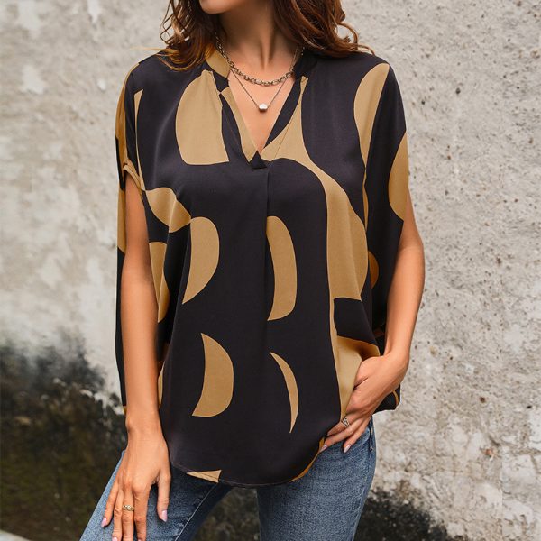 Printed V-Neck Pullover - Women's Summer Short Sleeve Shirt