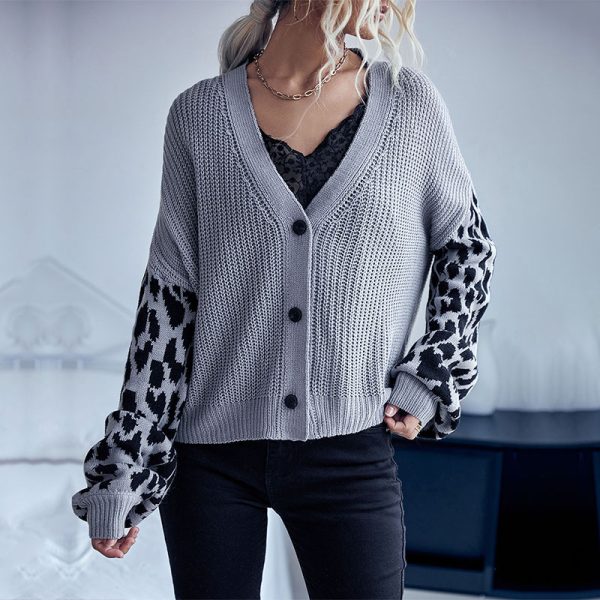 Long Sleeve Leopard-Print Sweater Coat for Autumn/Winter
