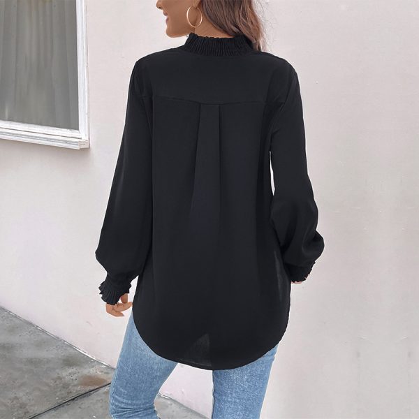 V-Neck Solid Color Long Sleeve Shirt - Women's Spring Style