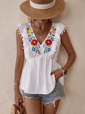 White Embroidered Sleeveless Shirt - Summer Elegance