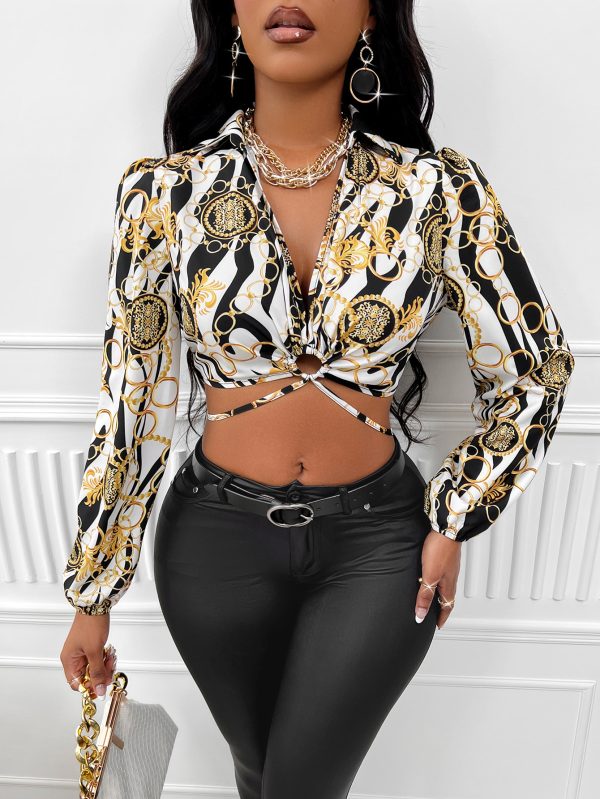 Printed Slim Fit Tied Long Sleeve Shirt - Sexy Trend