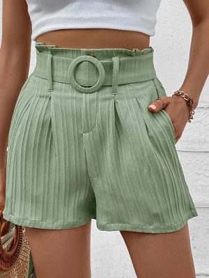 Stylish Solid Color Pleated Shorts for Women