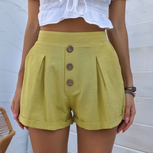 Summer Button Decorations Cotton Linen Shorts