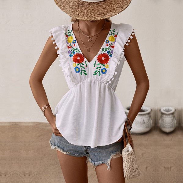 White Embroidered Sleeveless Shirt - Summer Elegance