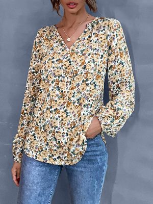 Early Autumn Holiday Women's Loose Fitting V-Neck Floral Shirt with Long Sleeves