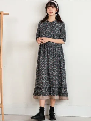 Retro-Artistic-Floral-Double-Layer-Short-Sleeved-Dress-Lace-Collar-Loose-Dress-Female-102-1