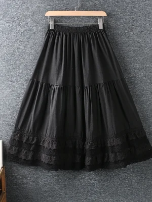 Summer-New-Female-Literary-Elastic-Waist-Embroidery-Lace-Pure-Color-Cotton-And-Linen-Skirt-1