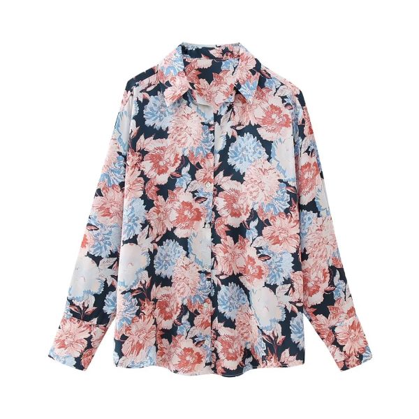 Floral Elegance: Loose Collared Long-Sleeve Shirt for Women