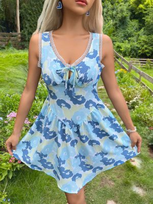 Summer Sweet Girlish Blue Printed Vest Dress for Women