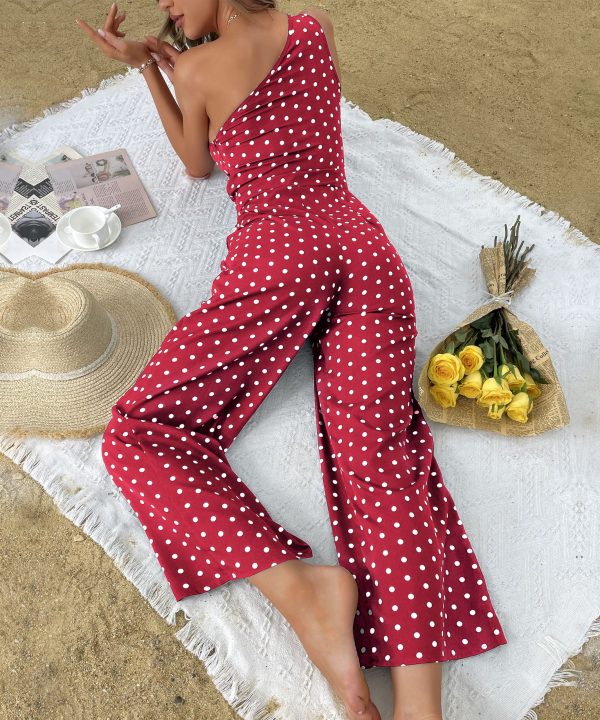 Summer Polka Dot Wide-Leg Jumpsuit with One Shoulder for Women