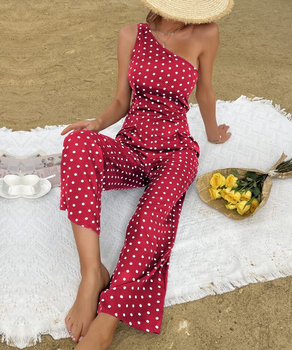 Summer Polka Dot Wide-Leg Jumpsuit with One Shoulder for Women
