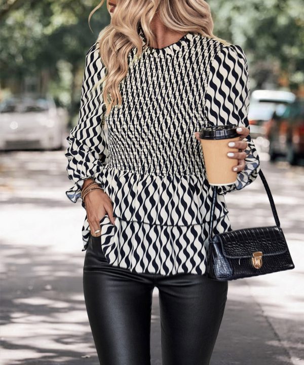 Autumn Black White Striped Smocking Slim Fit Ruffled Blouse