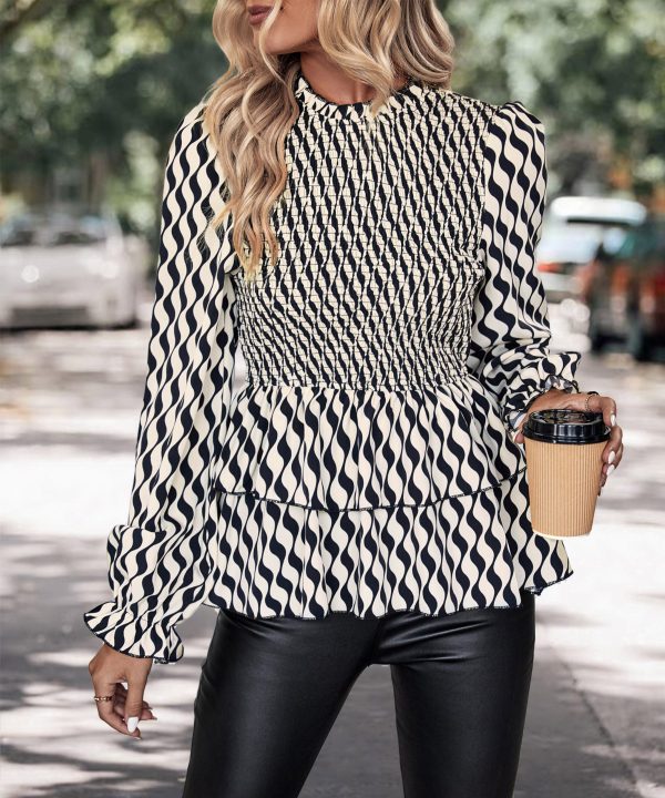 Autumn Black White Striped Smocking Slim Fit Ruffled Blouse