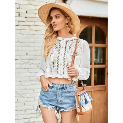 Western Style Embroidered Chiffon Shirt: Women's Fashion