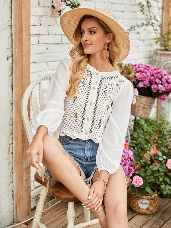 Western Style Embroidered Chiffon Shirt: Women's Fashion