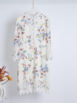 Lace Stitching Stand Collar Printed Dress