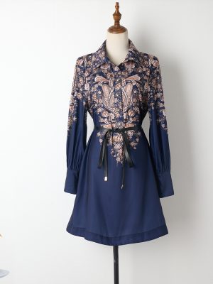 Navy Blue Lantern Sleeve Printed Dress with Lapel and Lace-Up Detail