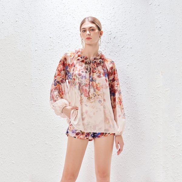 Women's Loose Silk Printed Lace-Up Shirt and Wide-Leg Shorts