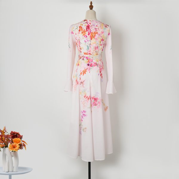 Elegant Pink Flower Print V-Neck Mid-Length Dress
