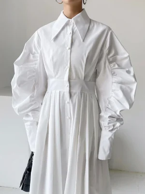 2022-Korean-Style-Women-Spring-Long-Shirt-Dress-with-Belt-Loose-Lantern-Sleeve-Oversized-Casual-Pleated-1