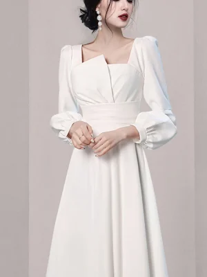 2022-Spring-Women-White-Evening-Dress-Elegant-Long-Sleeve-Square-Collar-A-line-Female-High-Waist-1