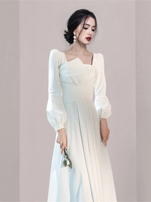 White Eco-Friendly Evening Dress: Elegant, Long Sleeve, A-line Mid