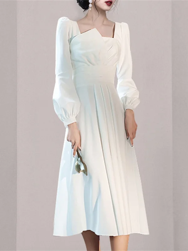 White Eco-Friendly Evening Dress: Elegant, Long Sleeve, A-line Mid