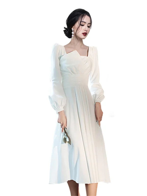 White Eco-Friendly Evening Dress: Elegant, Long Sleeve, A-line Mid