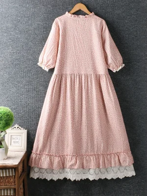 2023-Summer-New-Round-Neck-Lace-Floral-Dress-Women-Short-Sleeve-Midi-Dress-1