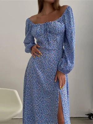 European-Style-Slash-Neck-Floral-Bandage-Women-Dress-Ankle-Length-Split-High-Waist-Sexy-Full-Sleeve-1