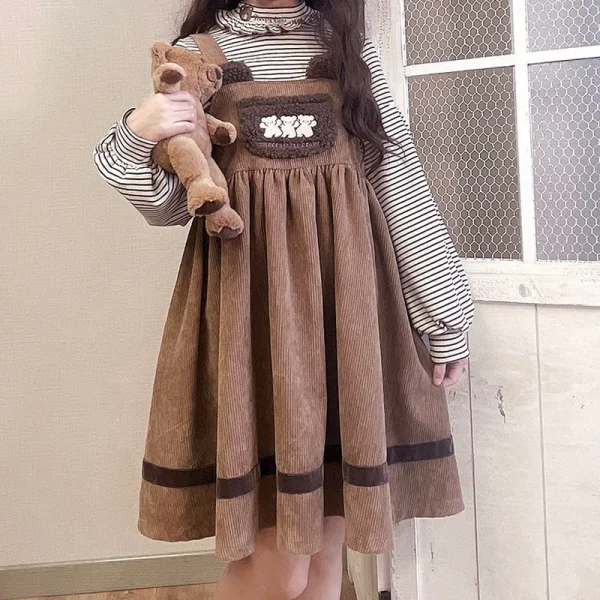 HOUZHOU Soft Bear Embroidery Corduroy Lolita Dress