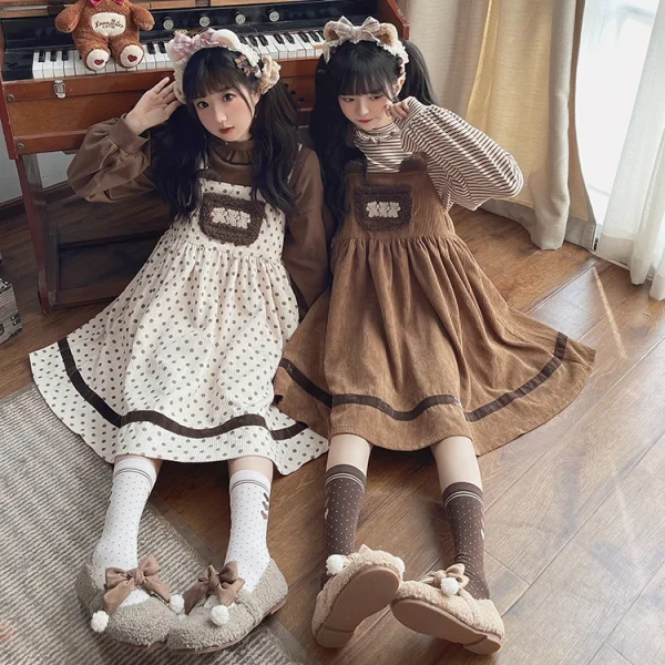 HOUZHOU Soft Bear Embroidery Corduroy Lolita Dress