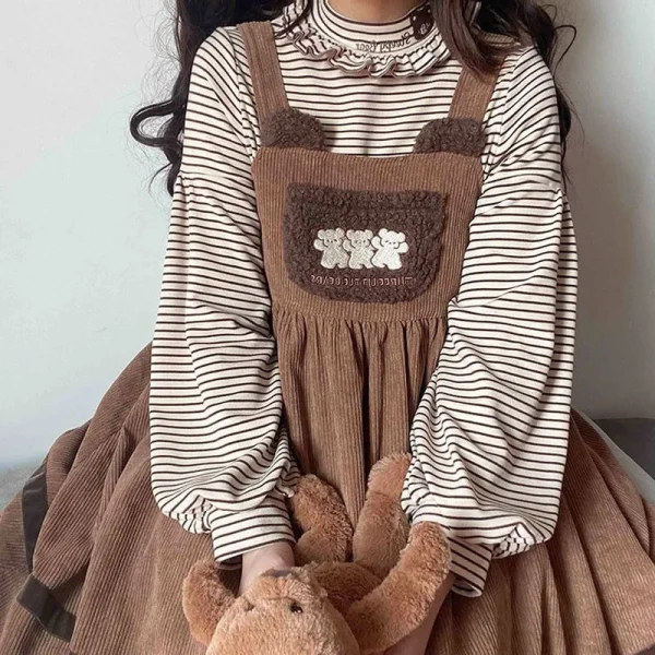 HOUZHOU Soft Bear Embroidery Corduroy Lolita Dress