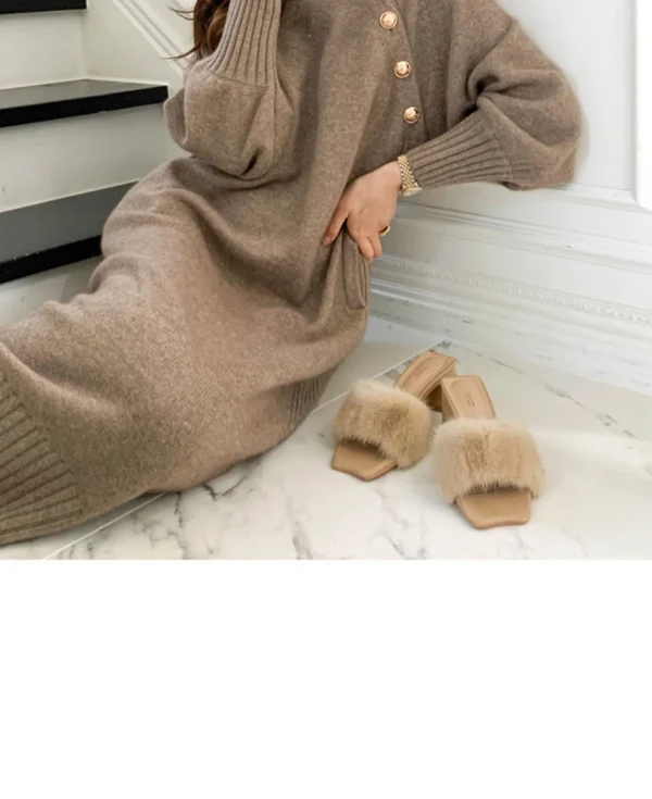 Warm Knit Eco-Dress, Buttons, Thicken