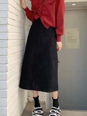 Korean-Style-High-Waist-Corduroy-Long-Skirt-Women-Spring-Autumn-Loose-Solid-Color-Split-A-line-1