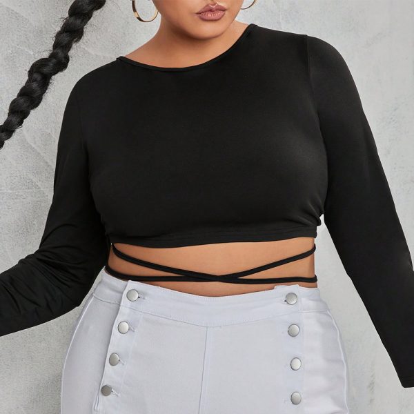 Plus Size Sexy Lace-Up Backless Short-Sleeved T-shirt Autumn Winter Coat