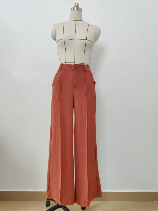 Spring Summer Solid Color Loose Pleated Wide Leg Casual Pants with Half Elastic Waist