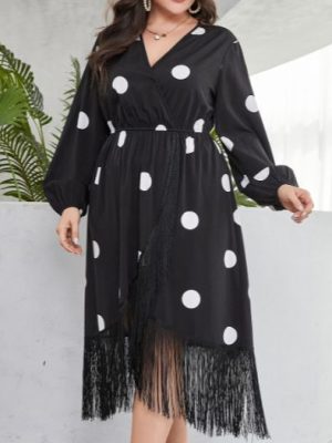 Polka Dot Printed Plus Size Dress with Tassels