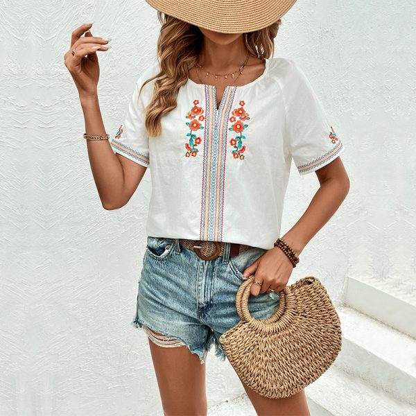 Summer Casual V-Neck Embroidered Blouse for Women