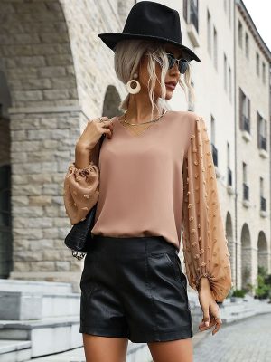 Autumn V-Neck Fur Ball Chiffon Pullover: Women's Long Sleeve Shirt