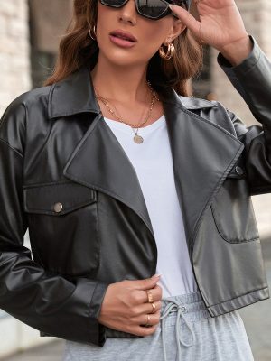 Faux Leather Collared Blazer for Women