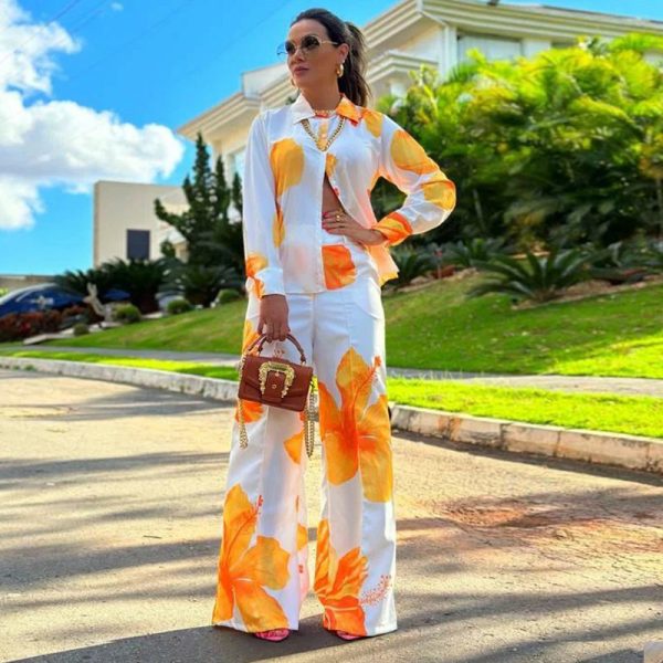 Women's Printed Shirt and Wide Leg Pants Casual Two-Piece Suit