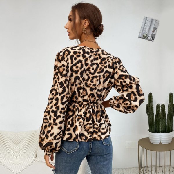 Leopard Print Off-the-Shoulder V-Neck Shirt