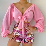 Women's Sexy Cropped Lace-Up V-Neck Top with Printed Shorts Suit